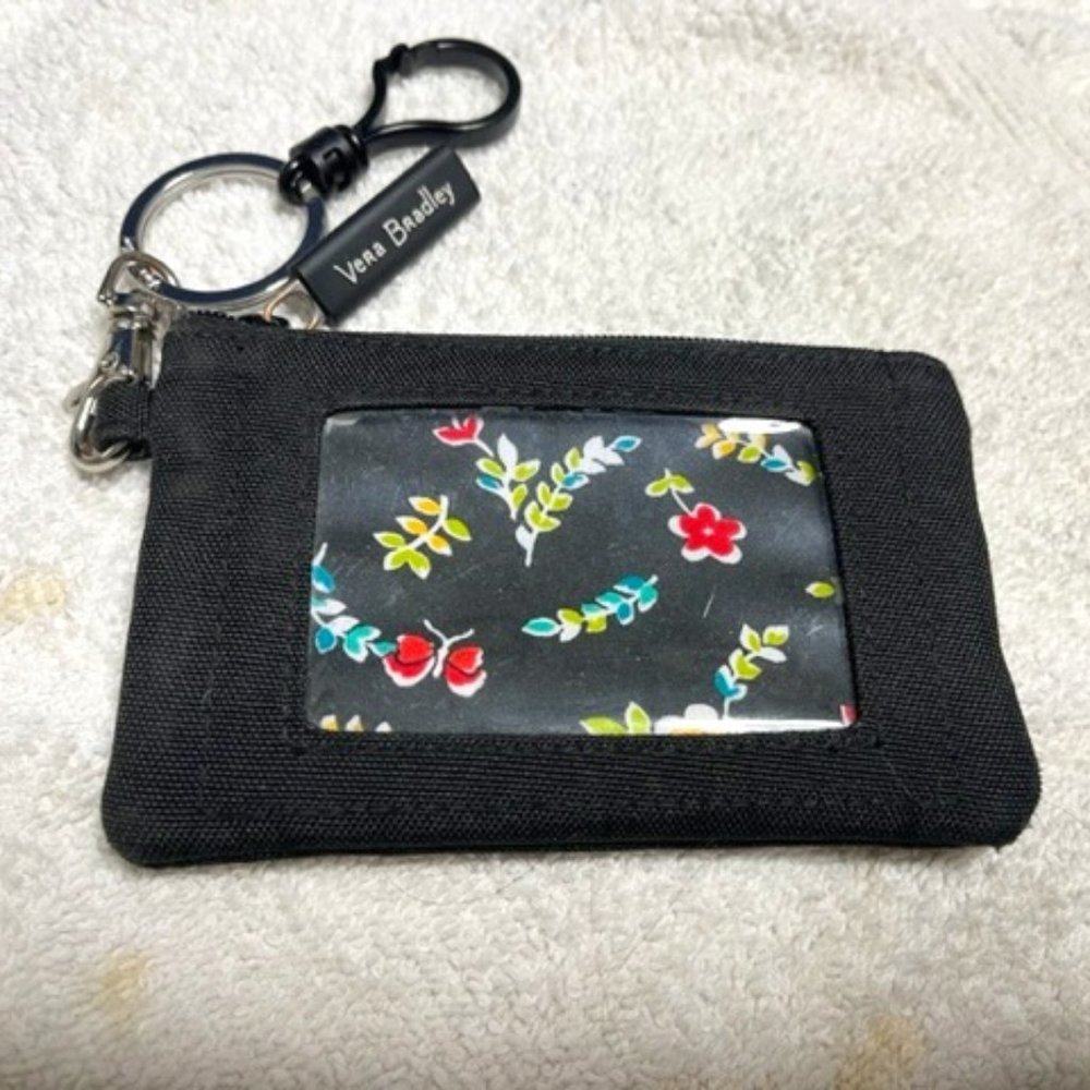 Very Bradley Black Canvas Floral Zip ID Wallet Change Purse w/Clasps